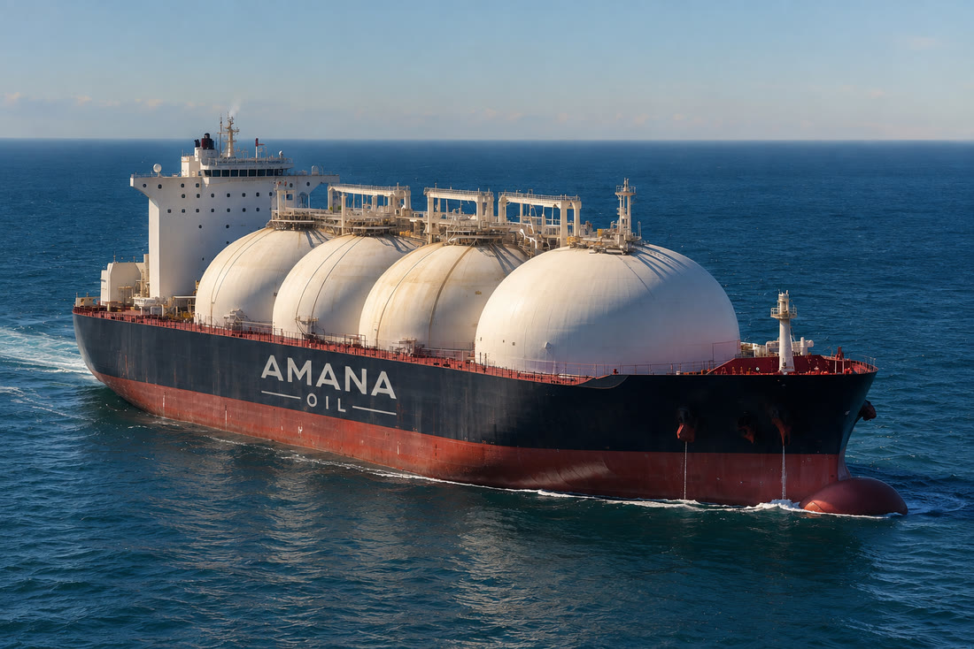 Buque metanero con la marca Amana Oil navegando en alta mar