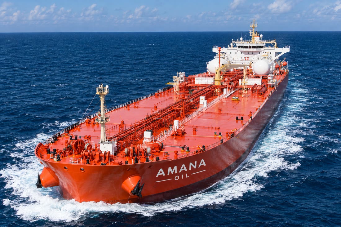 Buque tanque con la marca Amana Oil navegando en mar abierto