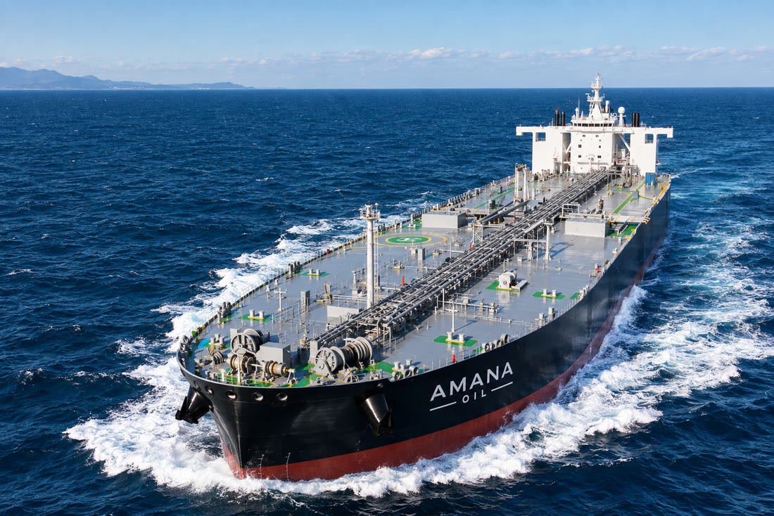 Buque tanque con la marca Amana Oil navegando en alta mar, con la costa al fondo