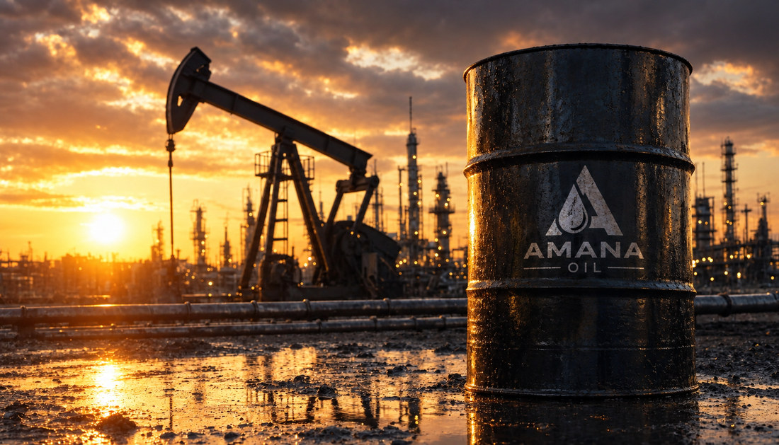 Barril con la marca Amana Oil frente a un campo de producción al atardecer