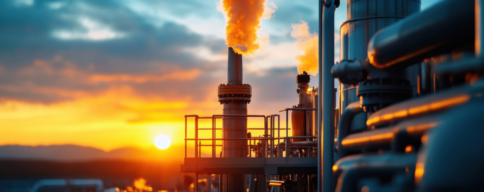 Planta industrial con chimenea en operación al atardecer