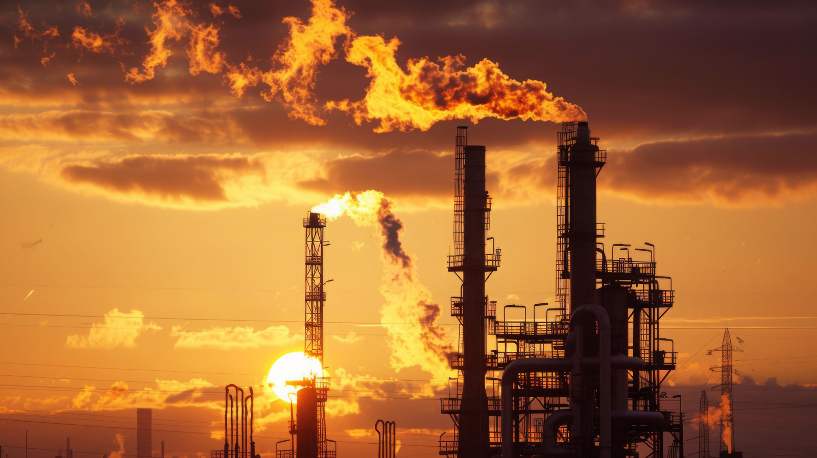 Antorcha de refinería encendida contra el cielo del atardecer